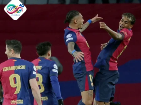 احتفال يامين يامال مع رافينينا بهدفه الرائع في دوري أبطال أوروبا ضد بنفيكا 
