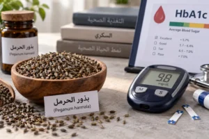 بذور الحرمل بجوار جهاز قياس سكر الدم