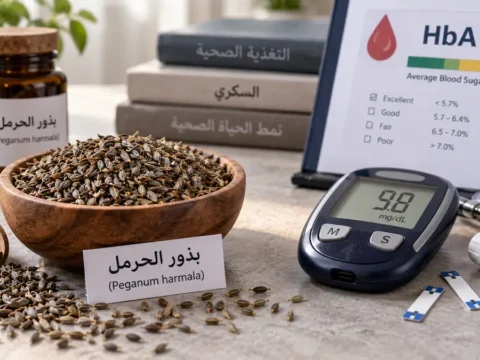 بذور الحرمل والسكري.. هل تخفض السكر التراكمي خلال 10 أيام؟ 1 بذور الحرمل بجوار جهاز قياس سكر الدم