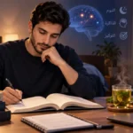 شخص يذاكر ليلًا بجوار مشروب عشبي في إطار يتناول النوم والذاكرة