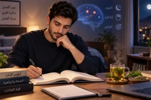 شخص يذاكر ليلًا بجوار مشروب عشبي في إطار يتناول النوم والذاكرة