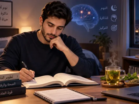 عشبة قبل النوم لتحسين الذاكرة؟ ما الذي يقوله العلم عن هذه الادعاءات؟ 1 شخص يذاكر ليلًا بجوار مشروب عشبي في إطار يتناول النوم والذاكرة