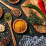 مكونات طبيعية من المطبخ تمثل العلاقة بين التوابل والسرطان مثل الكمون والزعتر والقرفة على طاولة خشبية