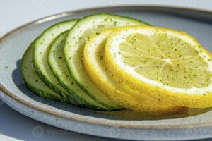 fresh sliced cucumber and lemon on plate a refreshing still life composition featuring vibrant colors natural light and a clean aesthetic perfect for health wellness food and diet related photo