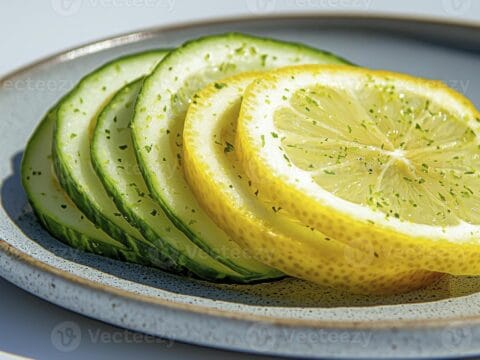 الليمون والخيار: ثنائي طبيعي للوقاية من السكري وحماية القلب من الجلطات 1 fresh sliced cucumber and lemon on plate a refreshing still life composition featuring vibrant colors natural light and a clean aesthetic perfect for health wellness food and diet related photo